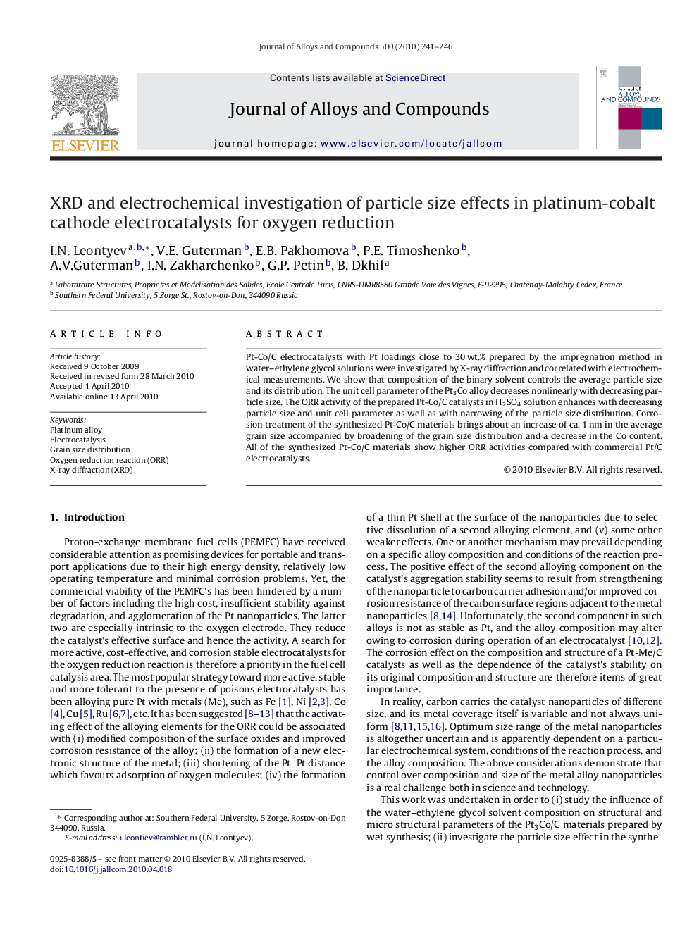 XRD and electrochemical investigation of particle size effects in platinum-cobalt cathode electrocatalysts for oxygen reduction