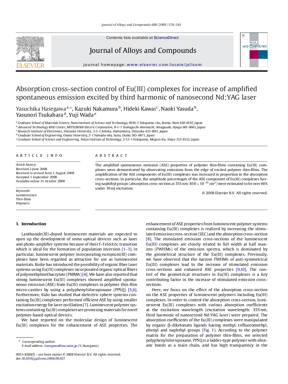 Absorption cross-section control of Eu(III) complexes for increase of amplified spontaneous emission excited by third harmonic of nanosecond Nd:YAG laser