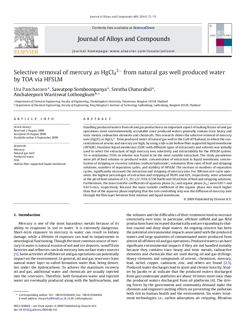 Selective removal of mercury as HgCl42− from natural gas well produced water by TOA via HFSLM