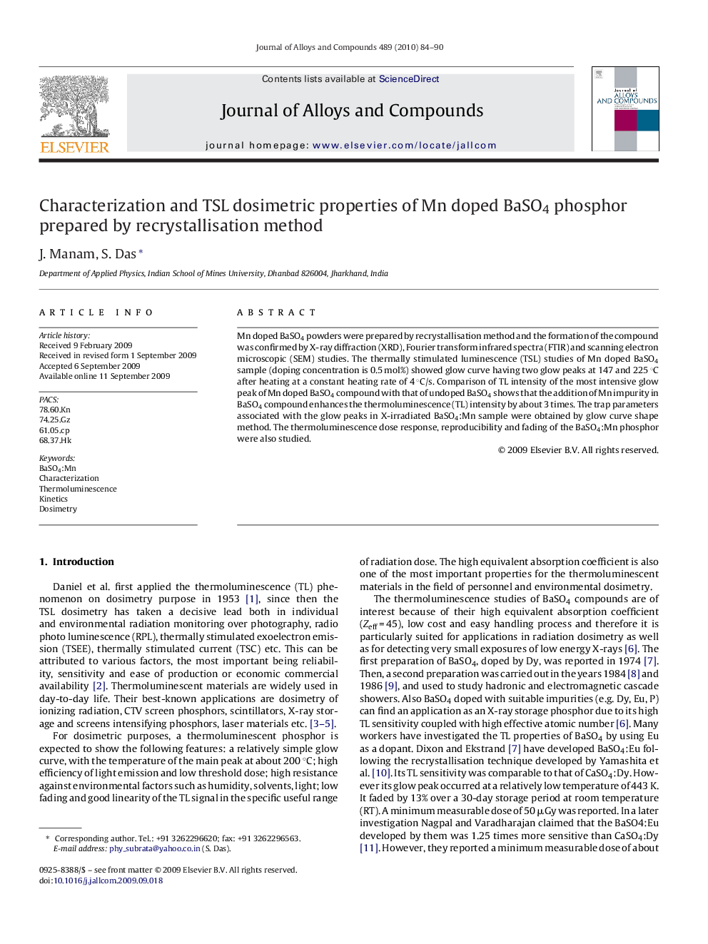 Characterization and TSL dosimetric properties of Mn doped BaSO4 phosphor prepared by recrystallisation method