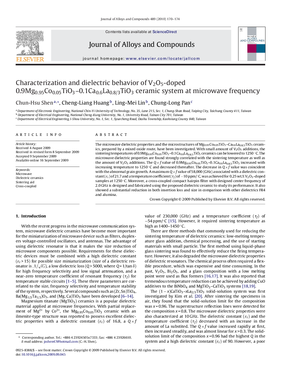 Characterization and dielectric behavior of V2O5-doped 0.9Mg0.95Co0.05TiO3–0.1Ca0.6La0.8/3TiO3 ceramic system at microwave frequency