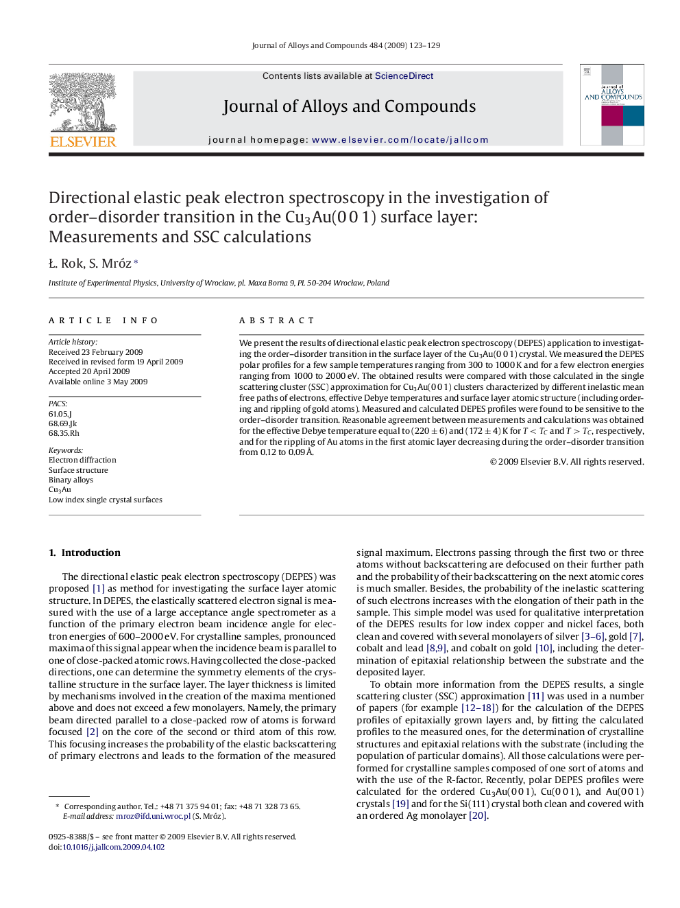 Directional elastic peak electron spectroscopy in the investigation of order–disorder transition in the Cu3Au(0 0 1) surface layer: Measurements and SSC calculations