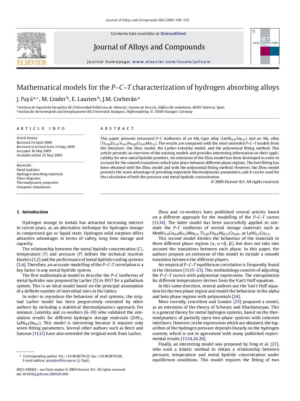 Mathematical models for the P–C–T characterization of hydrogen absorbing alloys