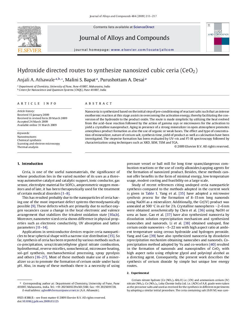 Hydroxide directed routes to synthesize nanosized cubic ceria (CeO2)