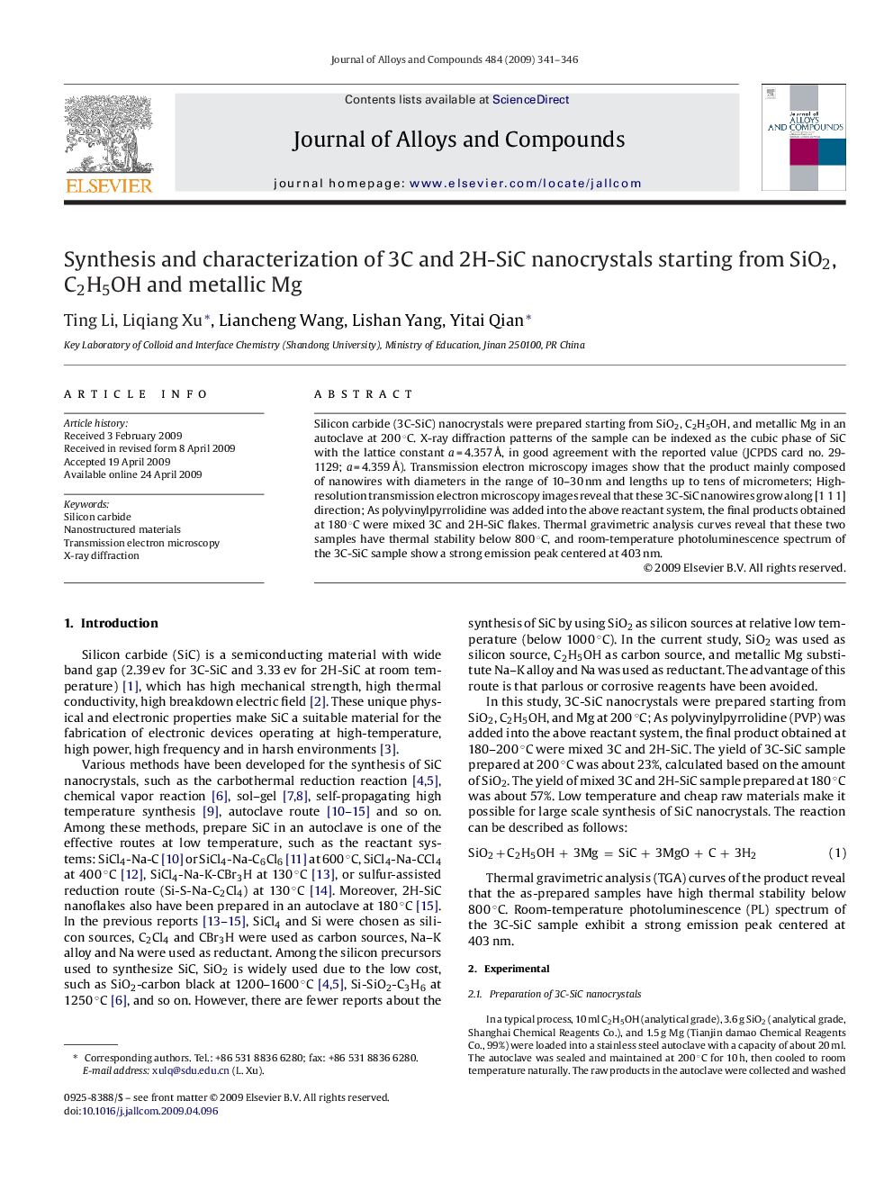 Synthesis and characterization of 3C and 2H-SiC nanocrystals starting from SiO2, C2H5OH and metallic Mg