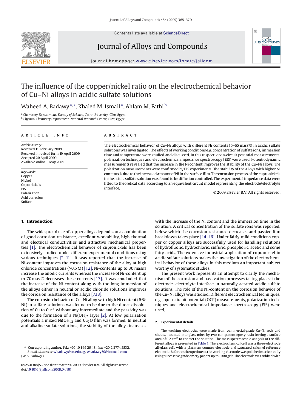 The influence of the copper/nickel ratio on the electrochemical behavior of Cu-Ni alloys in acidic sulfate solutions