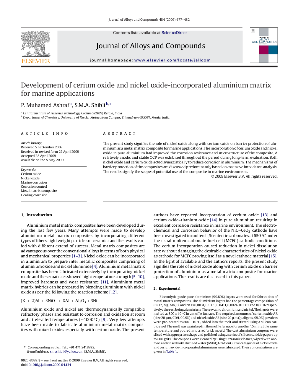 Development of cerium oxide and nickel oxide-incorporated aluminium matrix for marine applications