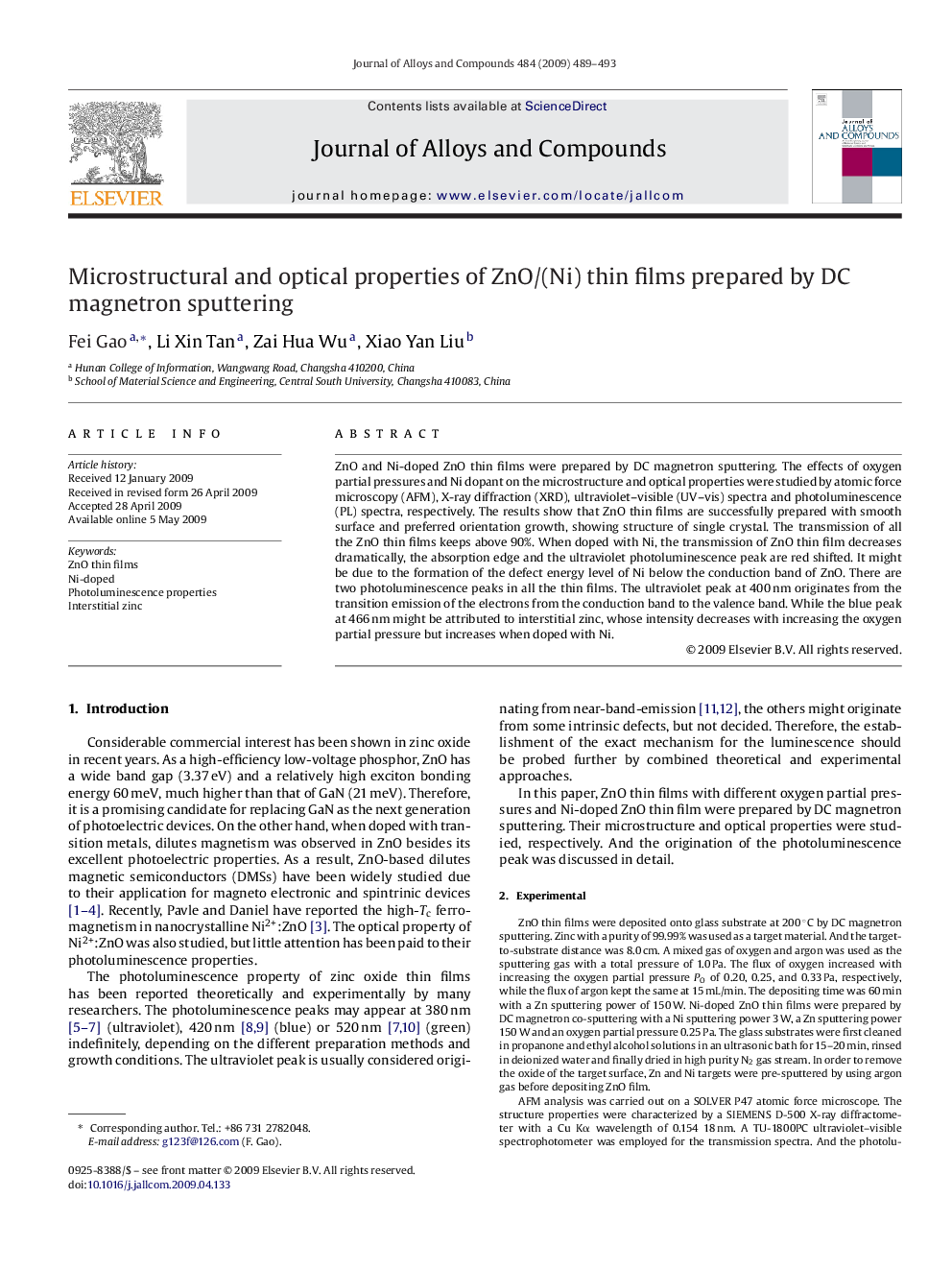 عکس صفحه اول مقاله: Microstructural and optical properties of ZnO/(Ni) thin films prepared by DC magnetron sputtering Microstructural and optical properties of ZnO/(Ni) thin films prepared by DC magnetron sputtering