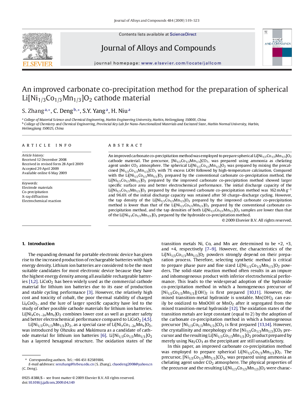 An improved carbonate co-precipitation method for the preparation of spherical Li[Ni1/3Co1/3Mn1/3]O2 cathode material