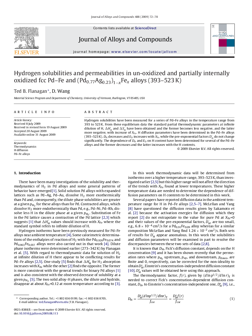 Hydrogen solubilities and permeabilities in un-oxidized and partially internally oxidized fcc Pd-Fe and (Pd0.77Ag0.23)1âxFex alloys (393-523Â K)