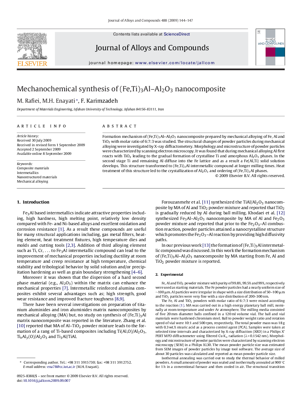 Mechanochemical synthesis of (Fe,Ti)3Al–Al2O3 nanocomposite