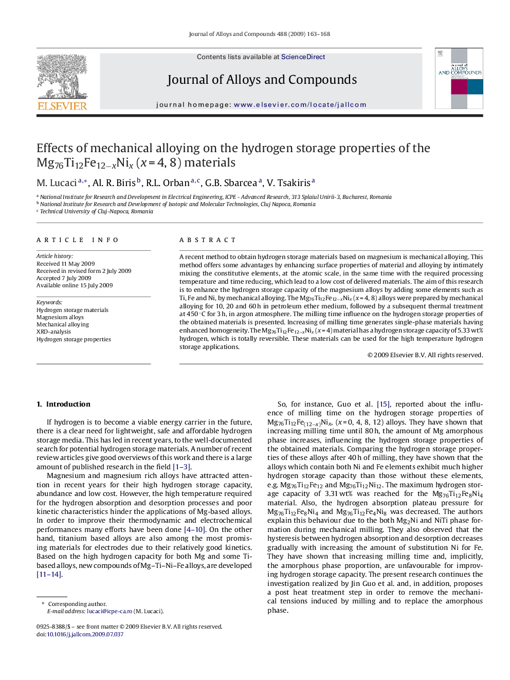 Effects of mechanical alloying on the hydrogen storage properties of the Mg76Ti12Fe12−xNix (x = 4, 8) materials