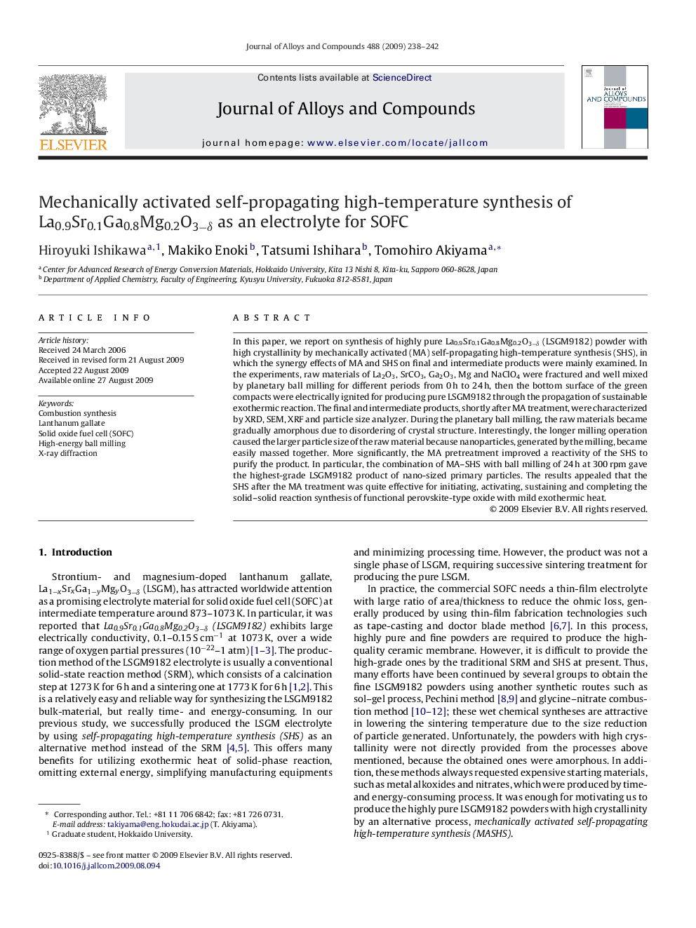 Mechanically activated self-propagating high-temperature synthesis of La0.9Sr0.1Ga0.8Mg0.2O3−δ as an electrolyte for SOFC