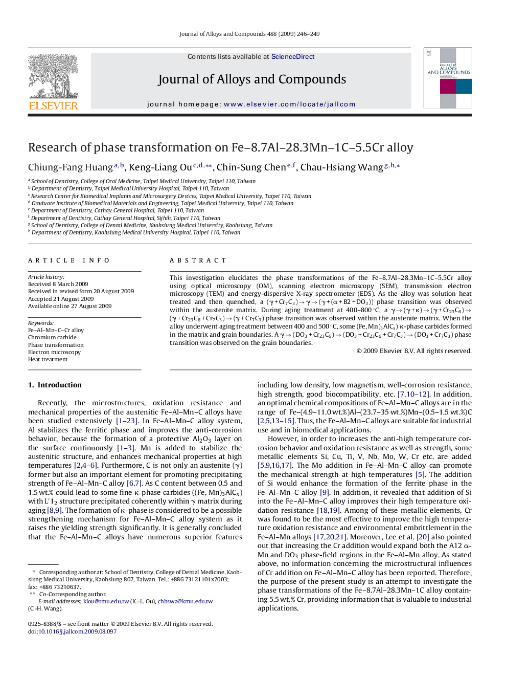 Research of phase transformation on Fe–8.7Al–28.3Mn–1C–5.5Cr alloy