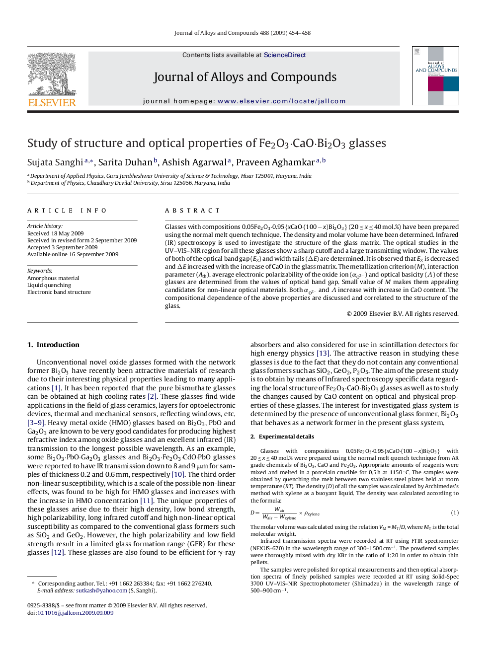 Study of structure and optical properties of Fe2O3·CaO·Bi2O3 glasses