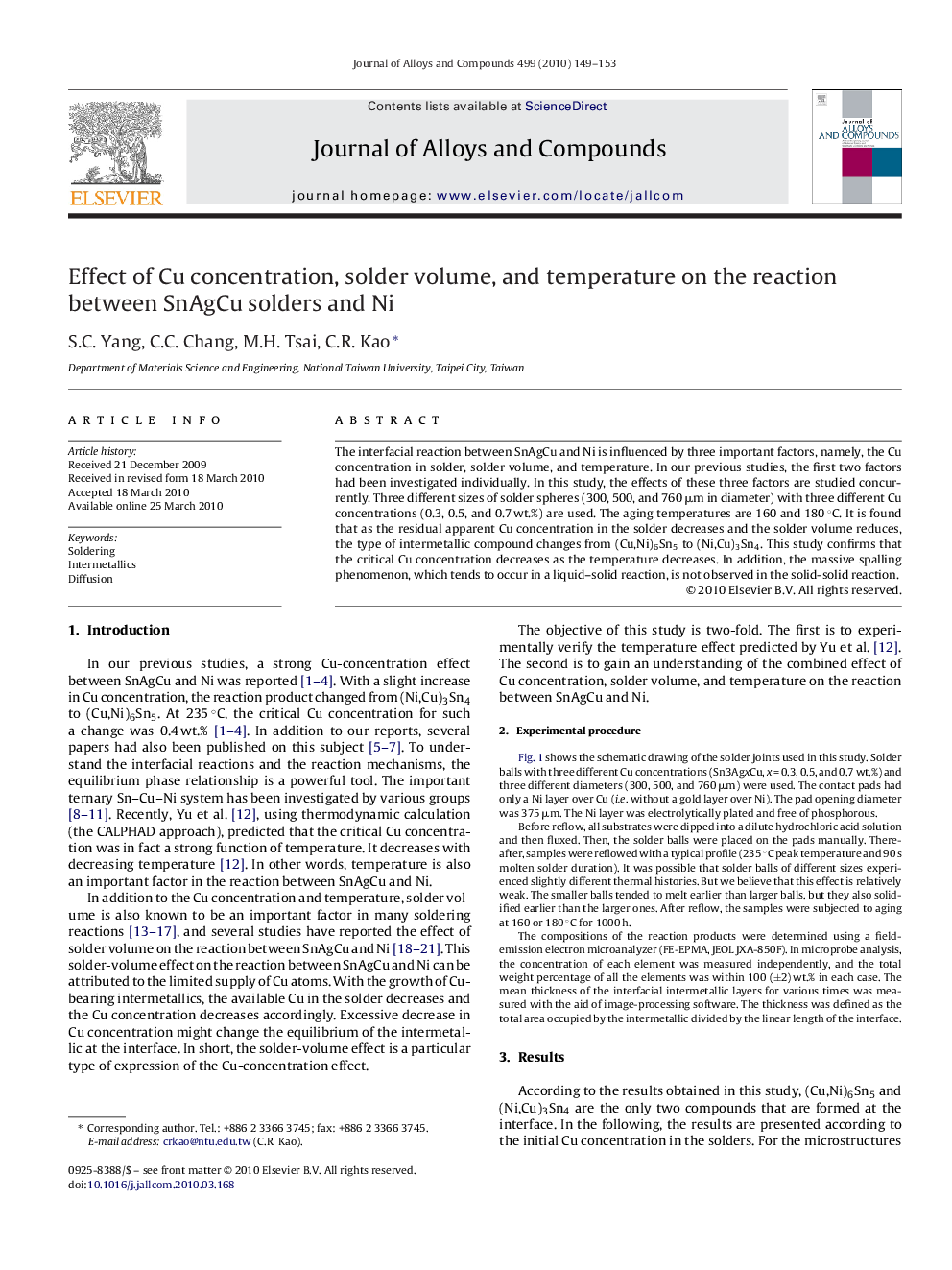 Effect of Cu concentration, solder volume, and temperature on the reaction between SnAgCu solders and Ni