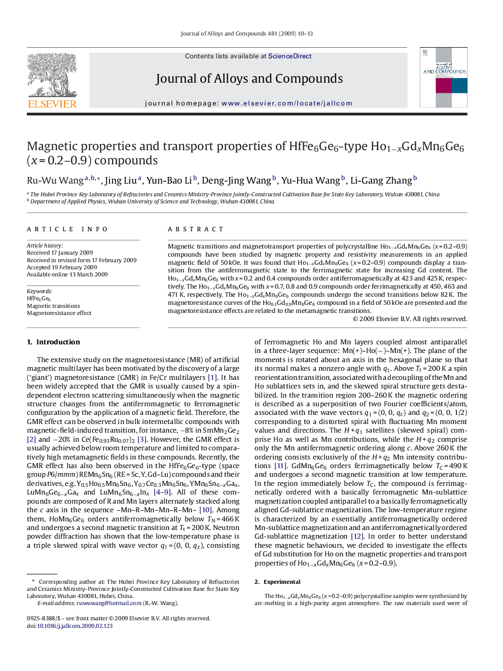 Magnetic properties and transport properties of HfFe6Ge6-type Ho1−xGdxMn6Ge6 (x = 0.2–0.9) compounds