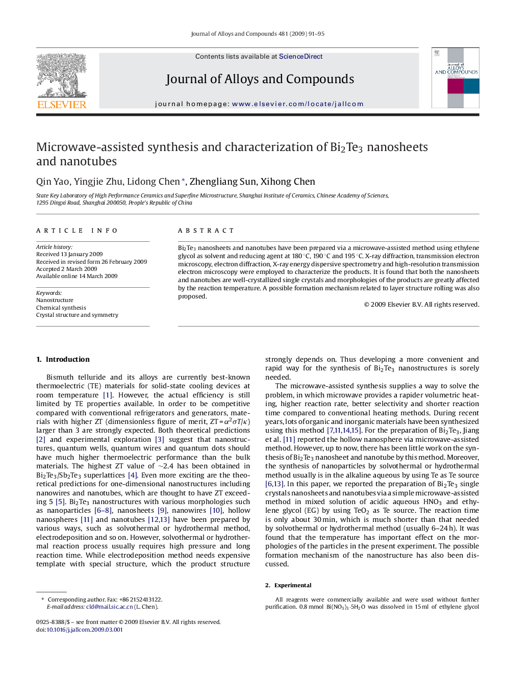 Microwave-assisted synthesis and characterization of Bi2Te3 nanosheets and nanotubes