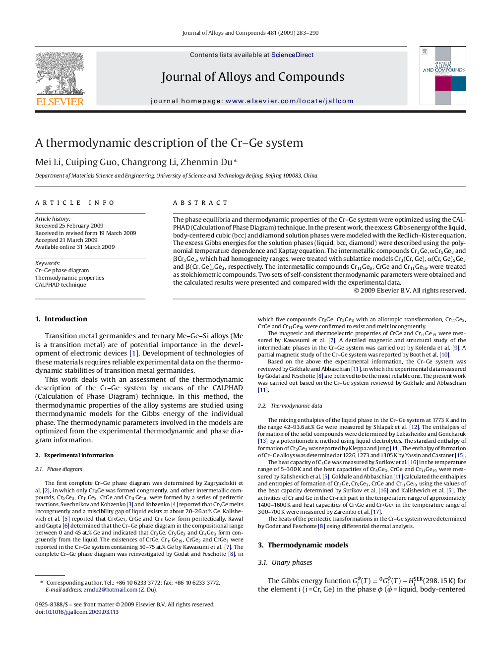 A thermodynamic description of the Cr–Ge system