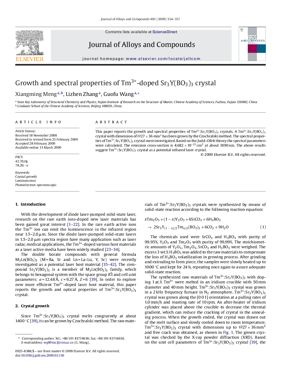 Growth and spectral properties of Tm3+-doped Sr3Y(BO3)3 crystal