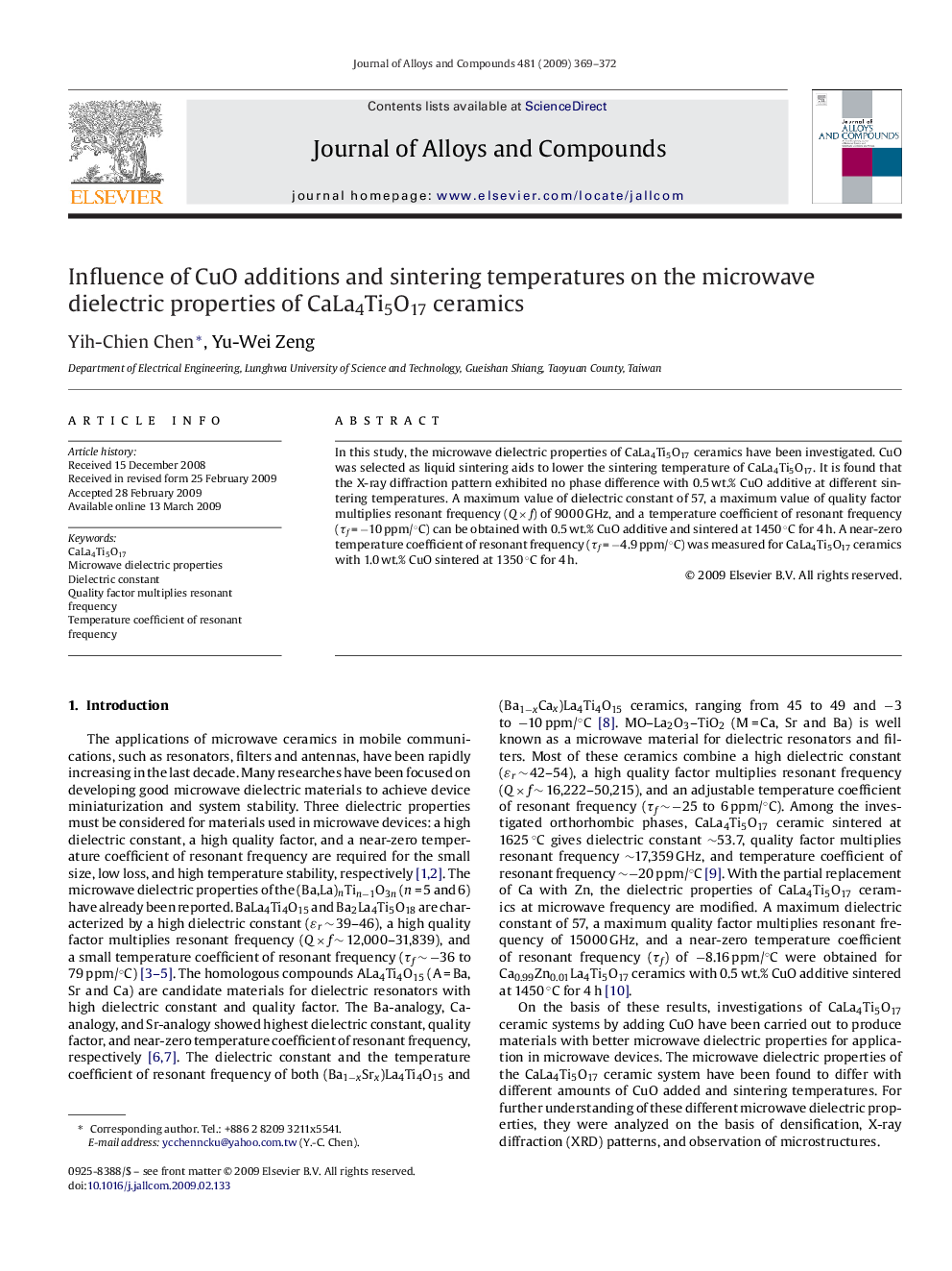 Influence of CuO additions and sintering temperatures on the microwave dielectric properties of CaLa4Ti5O17 ceramics