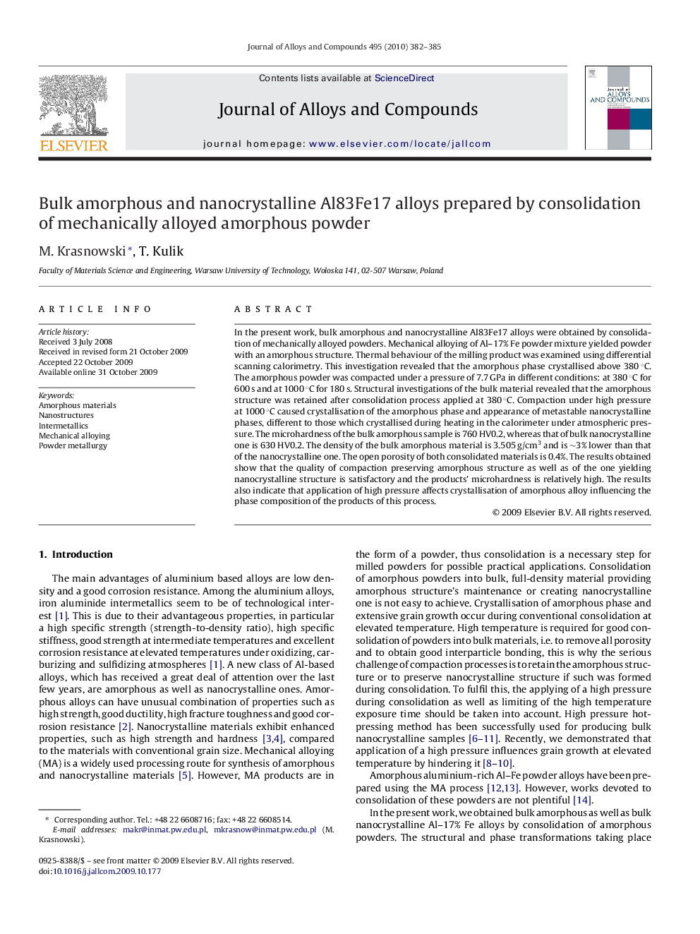 Bulk amorphous and nanocrystalline Al83Fe17 alloys prepared by consolidation of mechanically alloyed amorphous powder