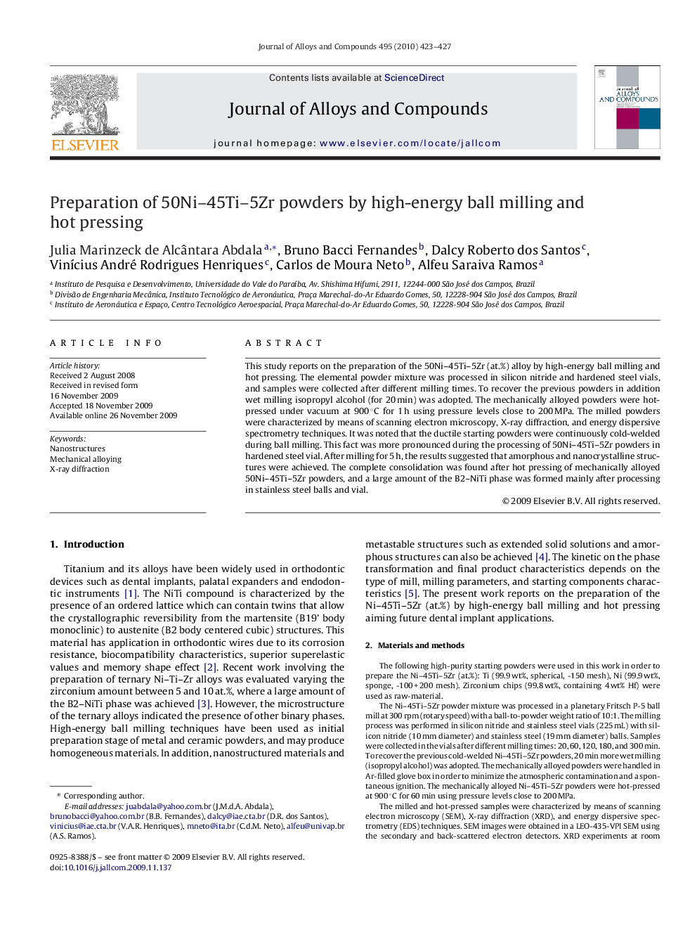 Preparation of 50Ni-45Ti-5Zr powders by high-energy ball milling and hot pressing