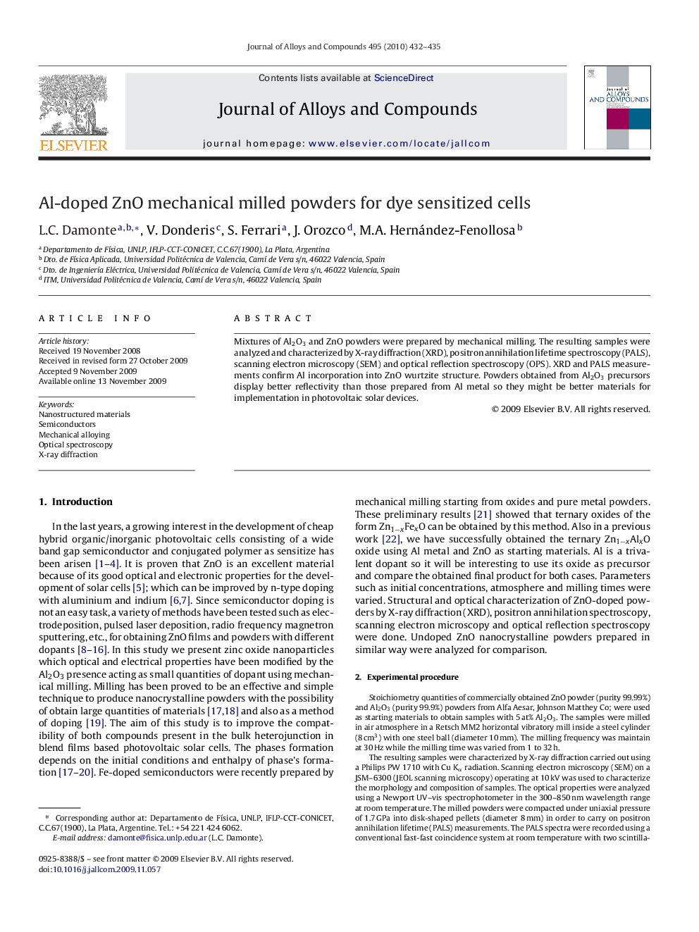 Al-doped ZnO mechanical milled powders for dye sensitized cells