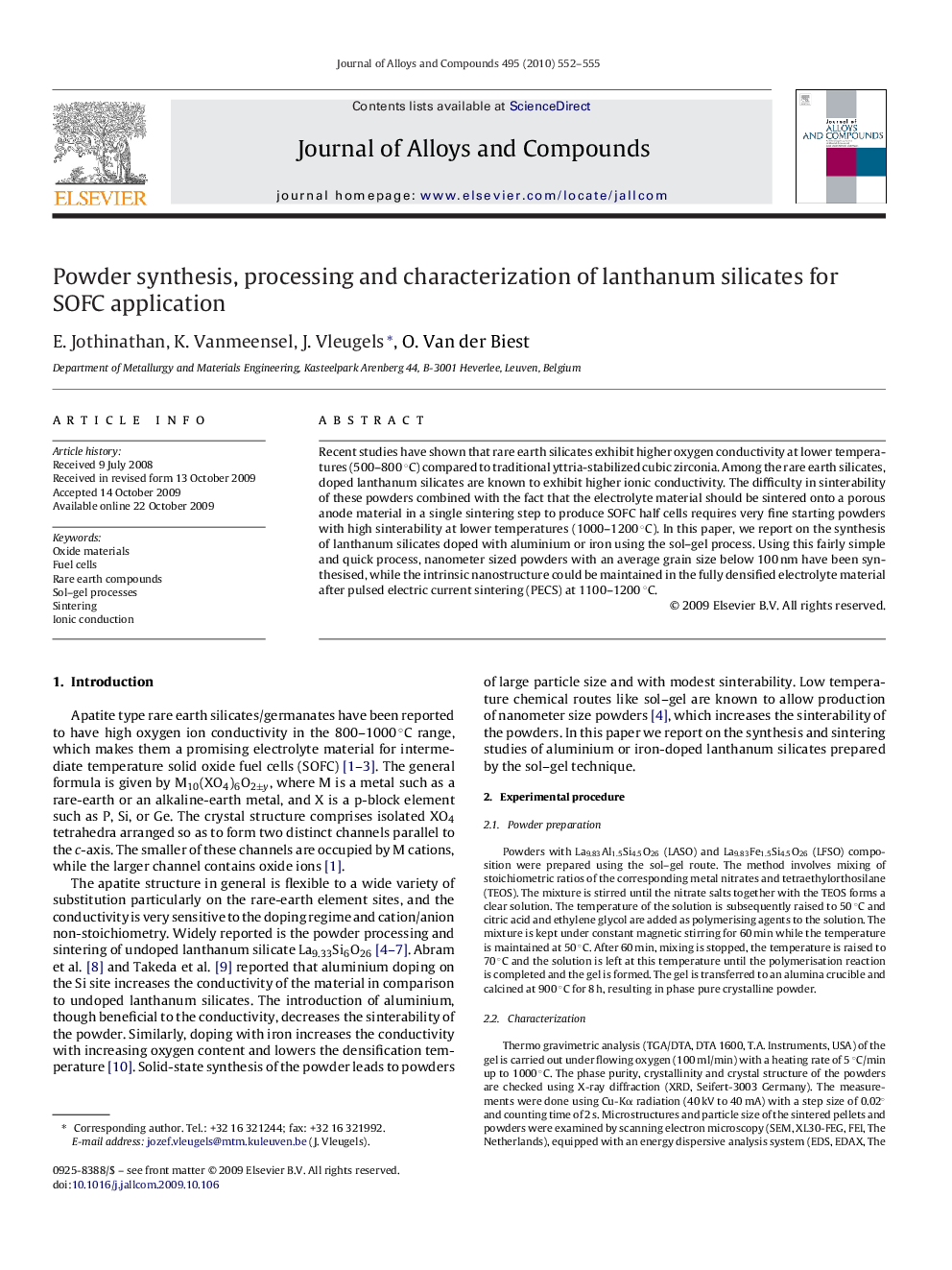 Powder synthesis, processing and characterization of lanthanum silicates for SOFC application