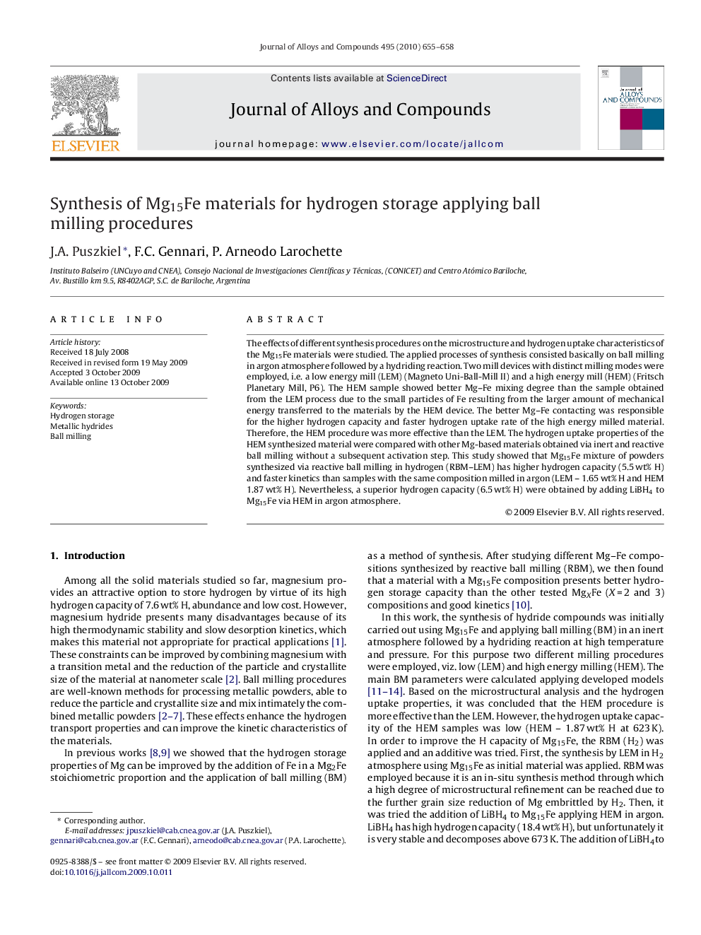 Synthesis of Mg15Fe materials for hydrogen storage applying ball milling procedures