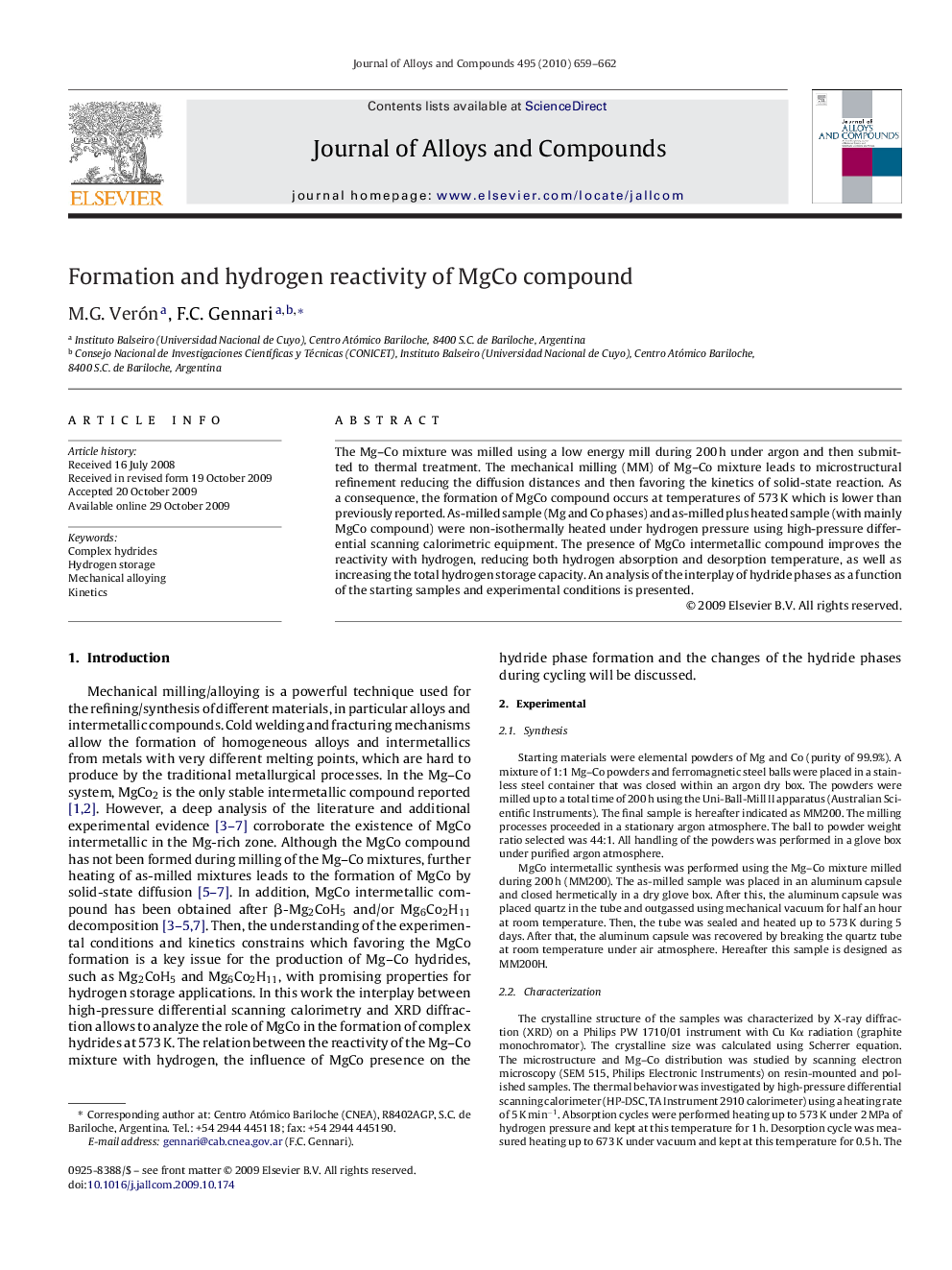 Formation and hydrogen reactivity of MgCo compound