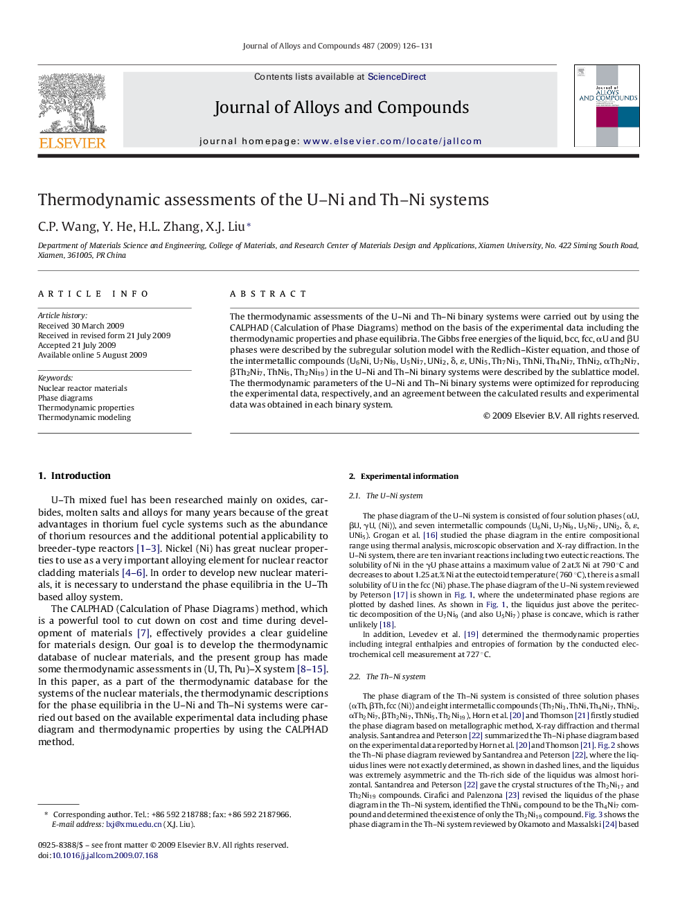 Thermodynamic assessments of the U–Ni and Th–Ni systems