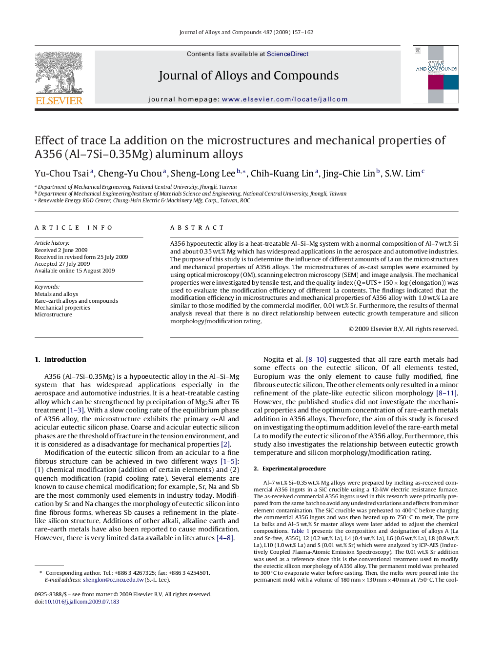 Effect of trace La addition on the microstructures and mechanical properties of A356 (Al–7Si–0.35Mg) aluminum alloys