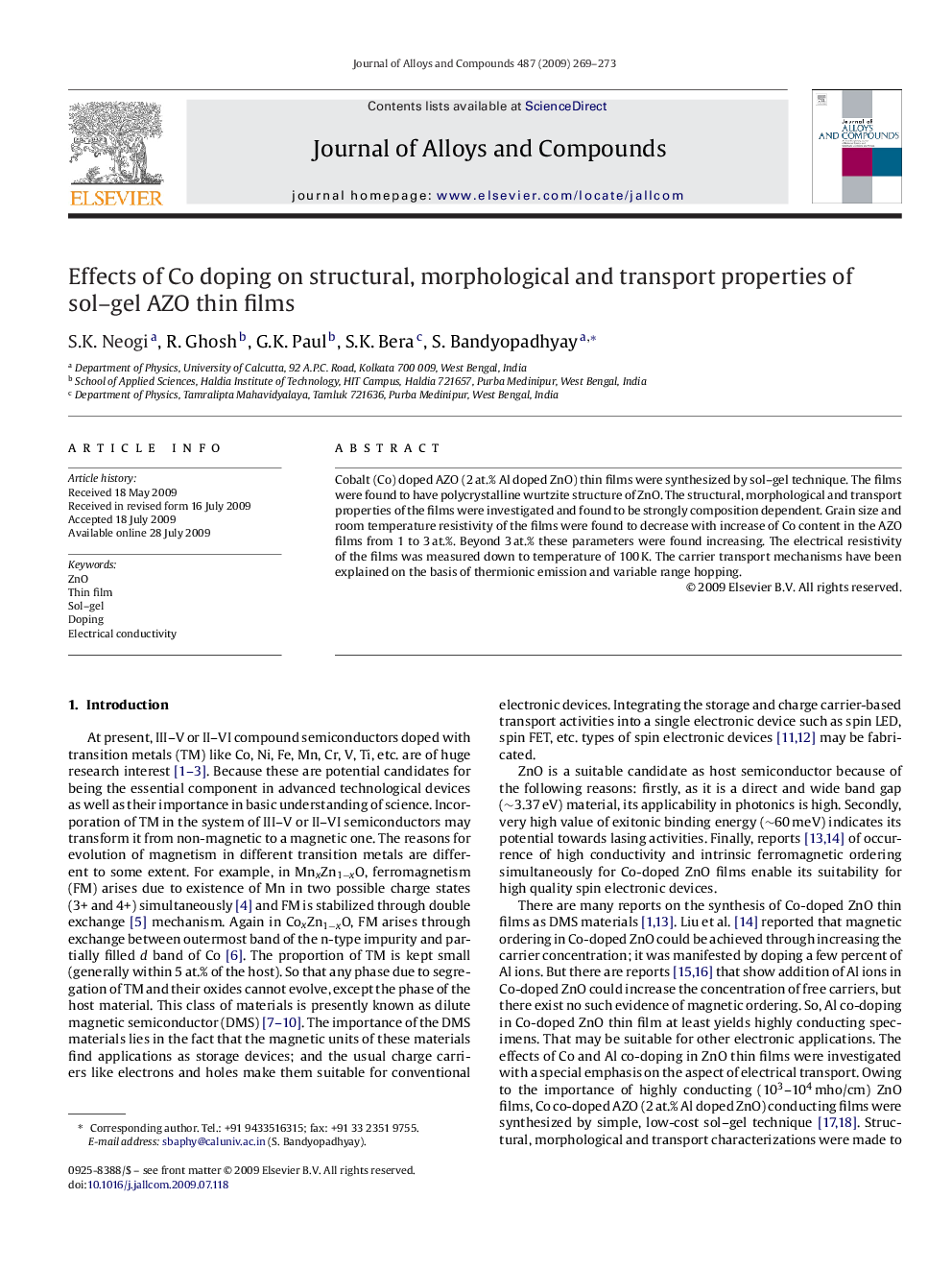 Effects of Co doping on structural, morphological and transport properties of sol-gel AZO thin films