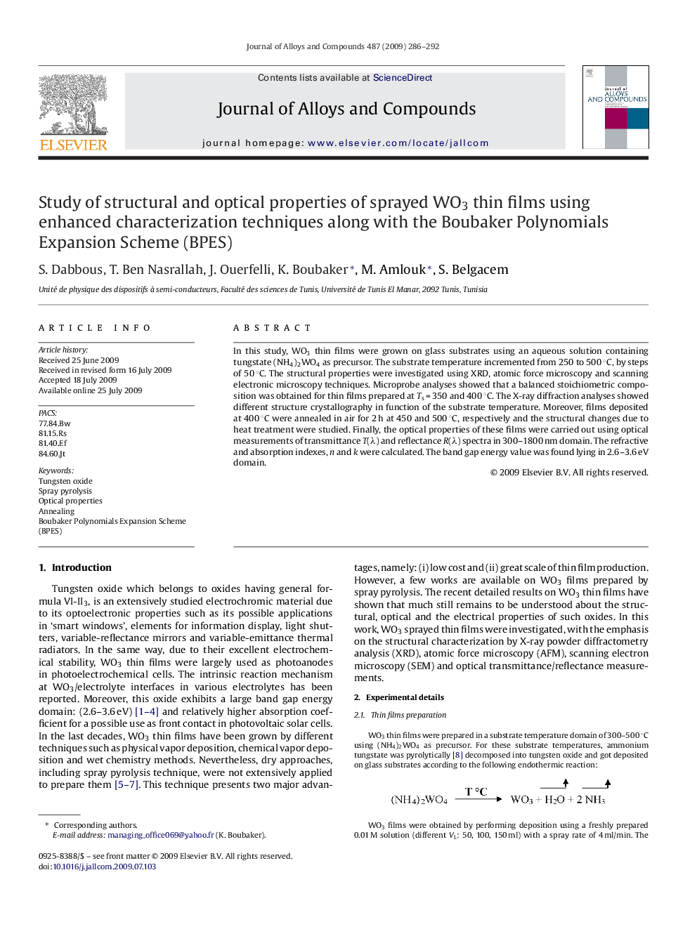 Study of structural and optical properties of sprayed WO3 thin films using enhanced characterization techniques along with the Boubaker Polynomials Expansion Scheme (BPES)