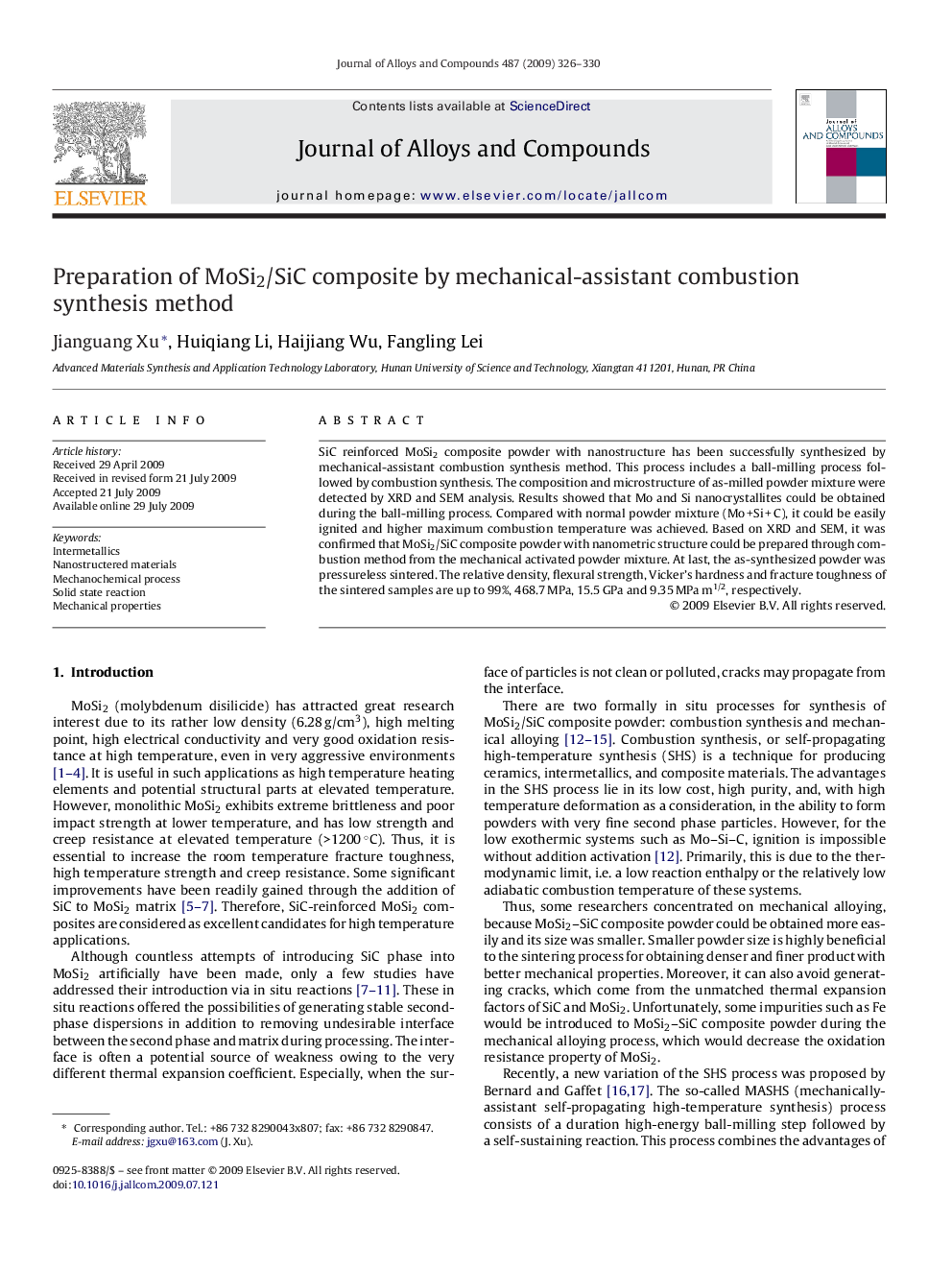 Preparation of MoSi2/SiC composite by mechanical-assistant combustion synthesis method