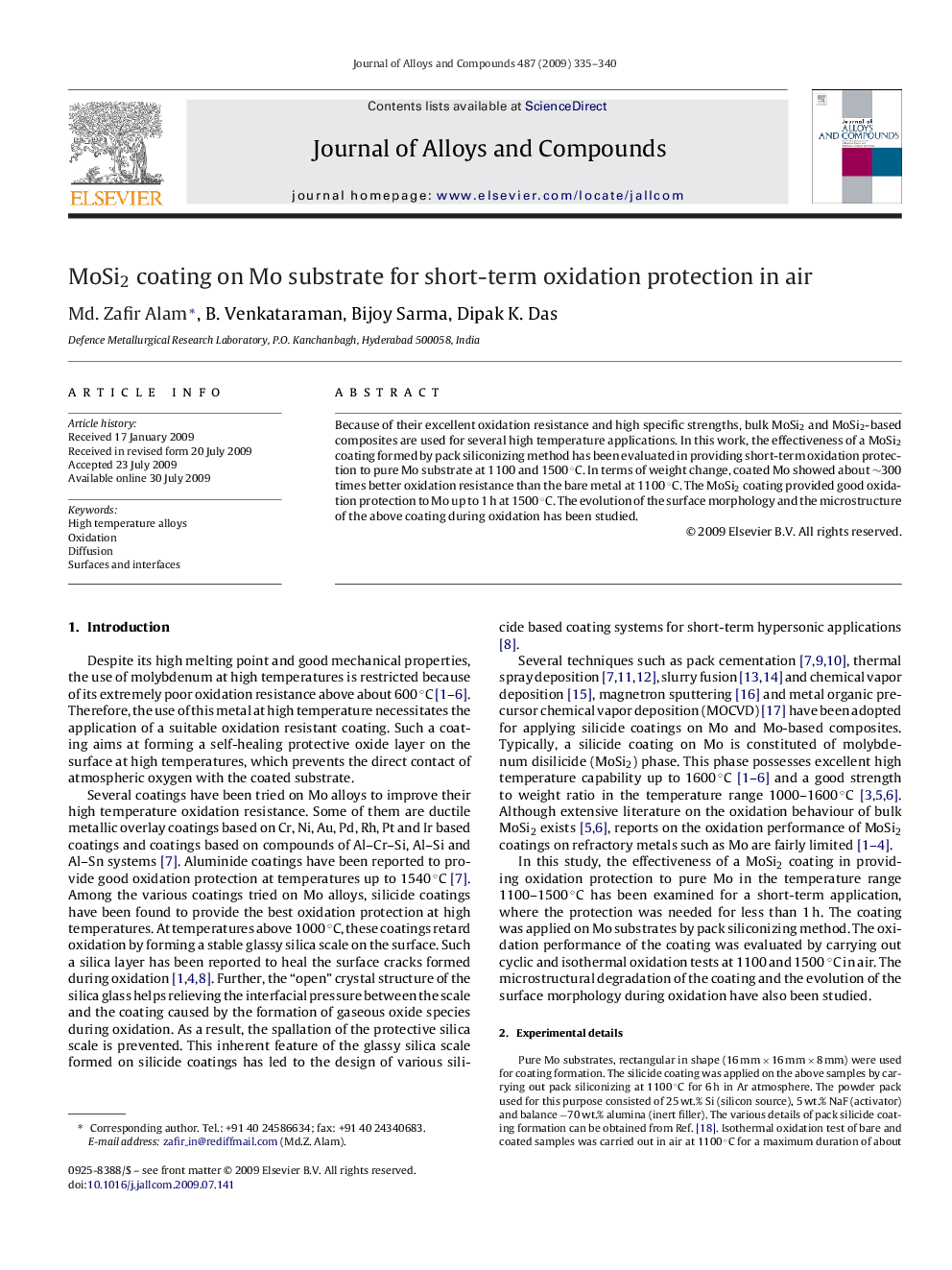 MoSi2 coating on Mo substrate for short-term oxidation protection in air