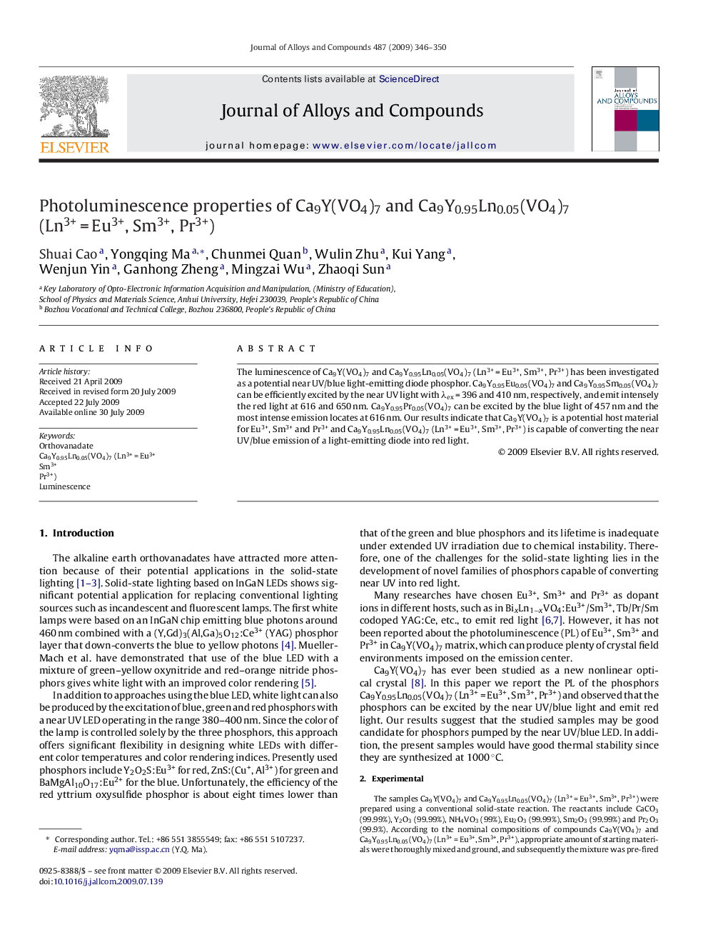 Photoluminescence properties of Ca9Y(VO4)7 and Ca9Y0.95Ln0.05(VO4)7 (Ln3+ = Eu3+, Sm3+, Pr3+)