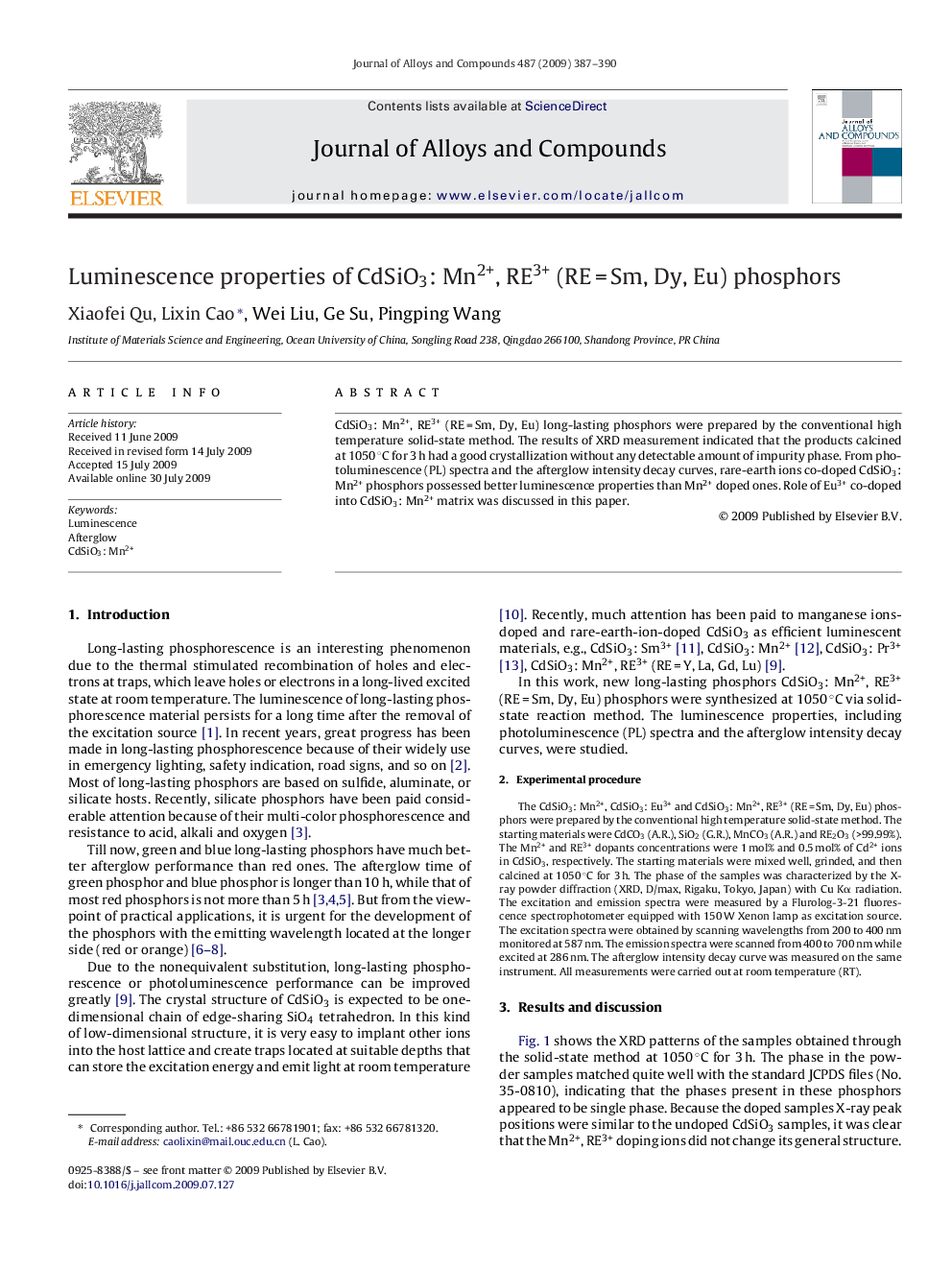 Luminescence properties of CdSiO3: Mn2+, RE3+ (RE = Sm, Dy, Eu) phosphors