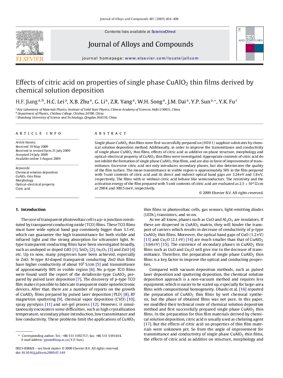 Effects of citric acid on properties of single phase CuAlO2 thin films derived by chemical solution deposition