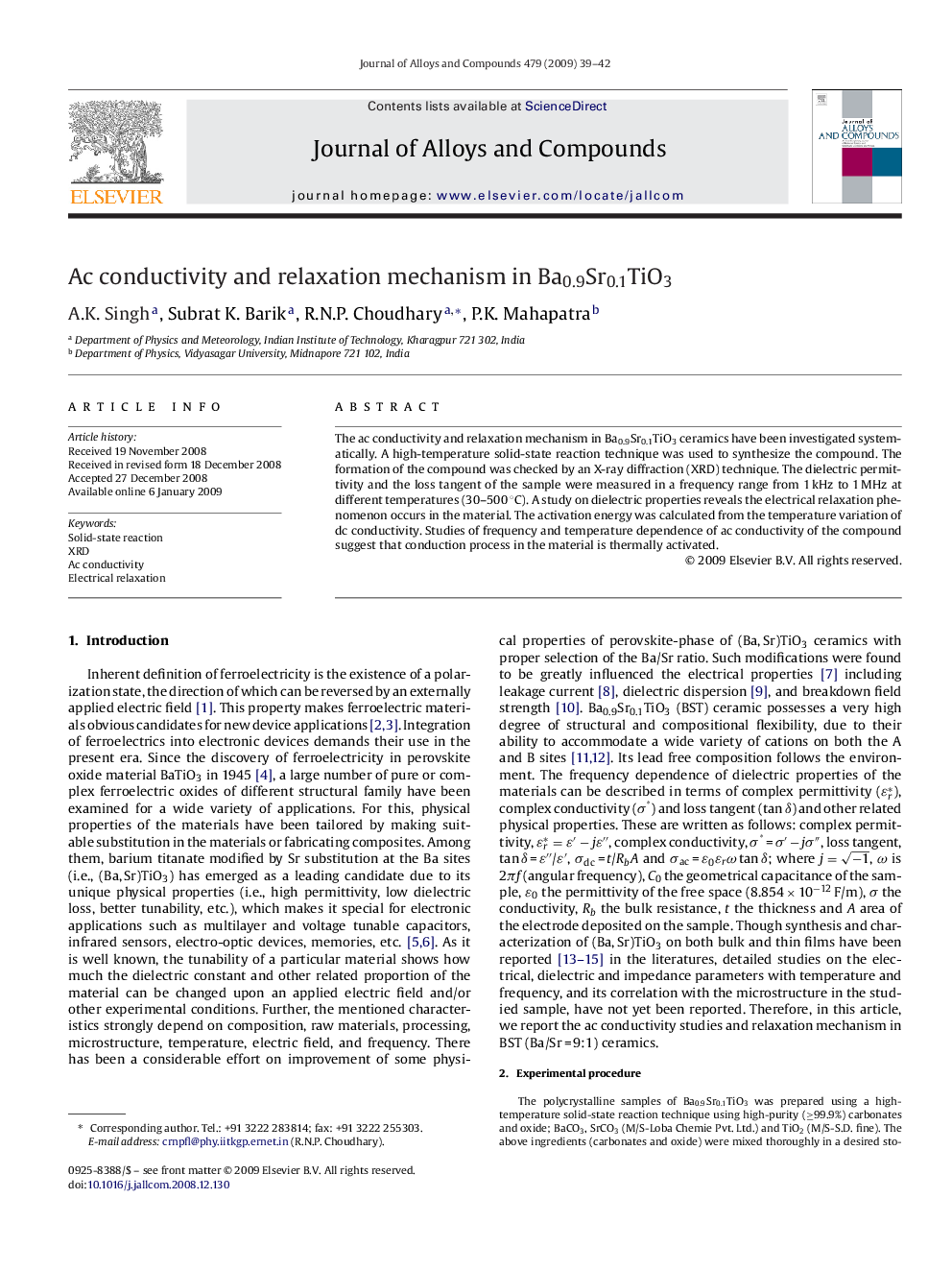 Ac conductivity and relaxation mechanism in Ba0.9Sr0.1TiO3