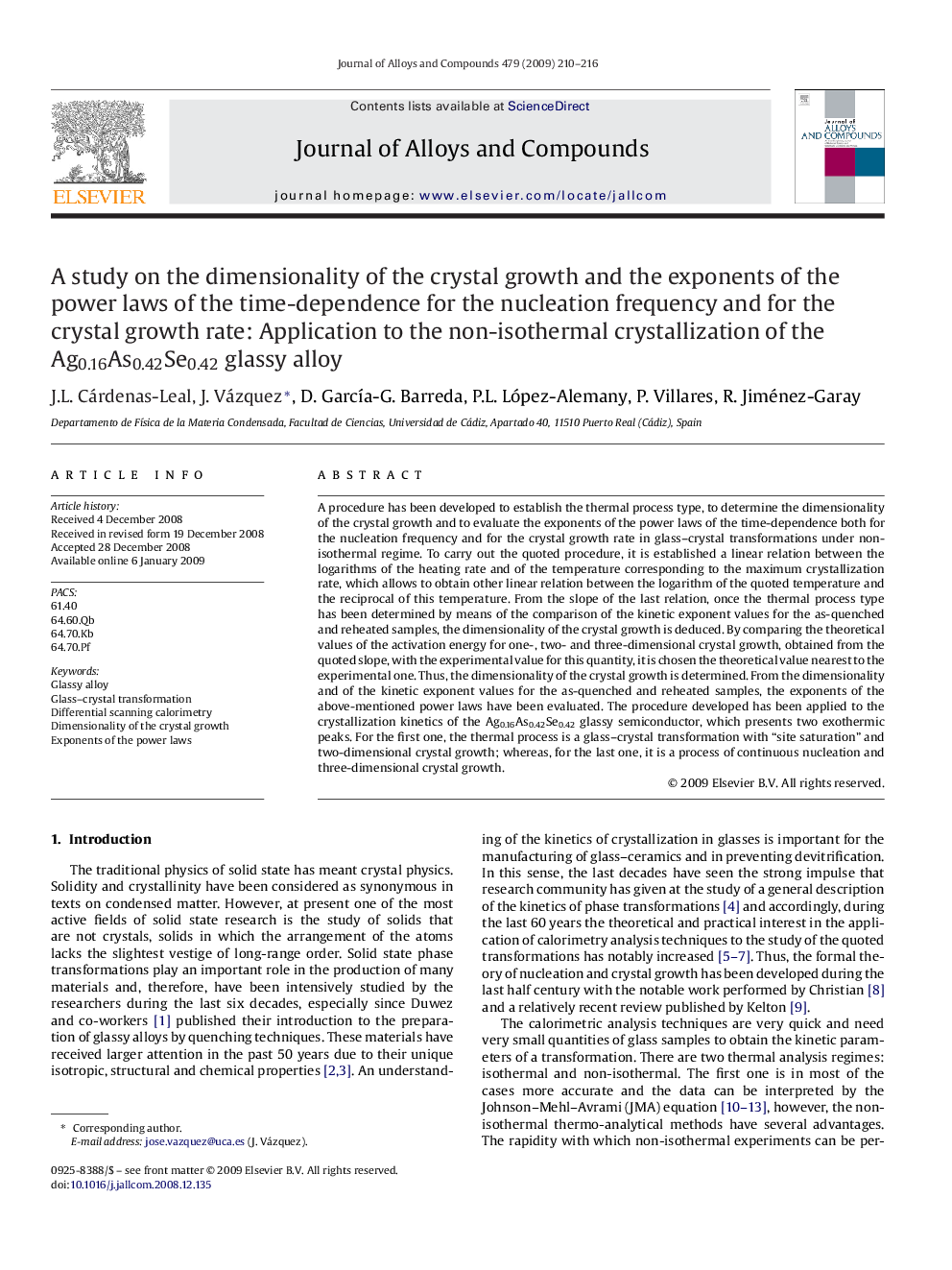 A study on the dimensionality of the crystal growth and the exponents of the power laws of the time-dependence for the nucleation frequency and for the crystal growth rate: Application to the non-isothermal crystallization of the Ag0.16As0.42Se0.42 glassy