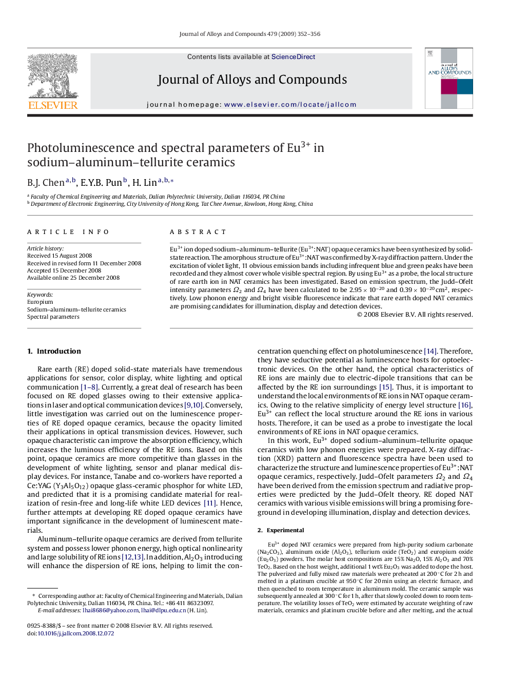 Photoluminescence and spectral parameters of Eu3+ in sodium–aluminum–tellurite ceramics