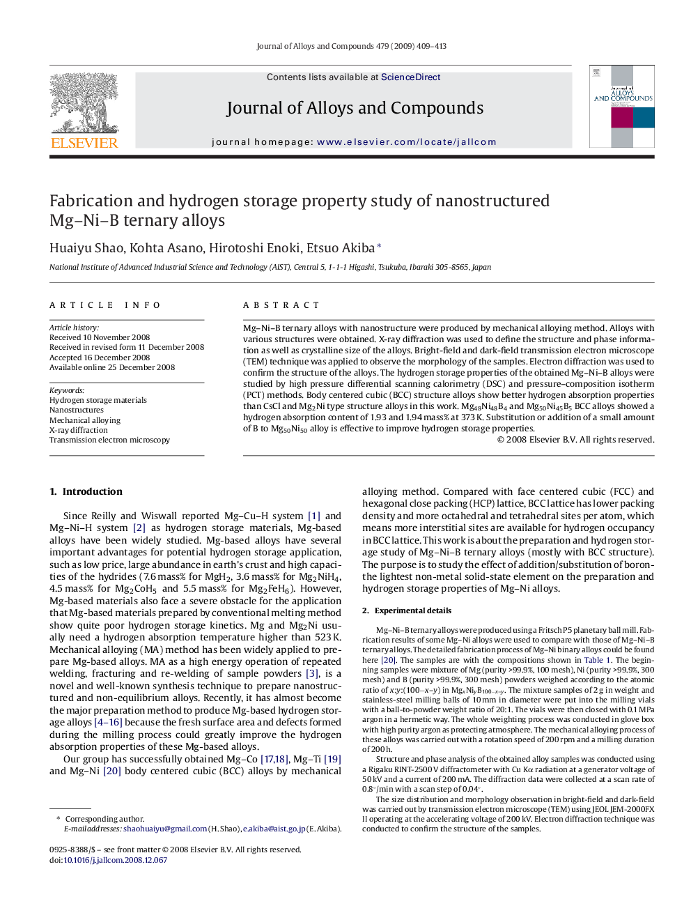 Fabrication and hydrogen storage property study of nanostructured Mg–Ni–B ternary alloys