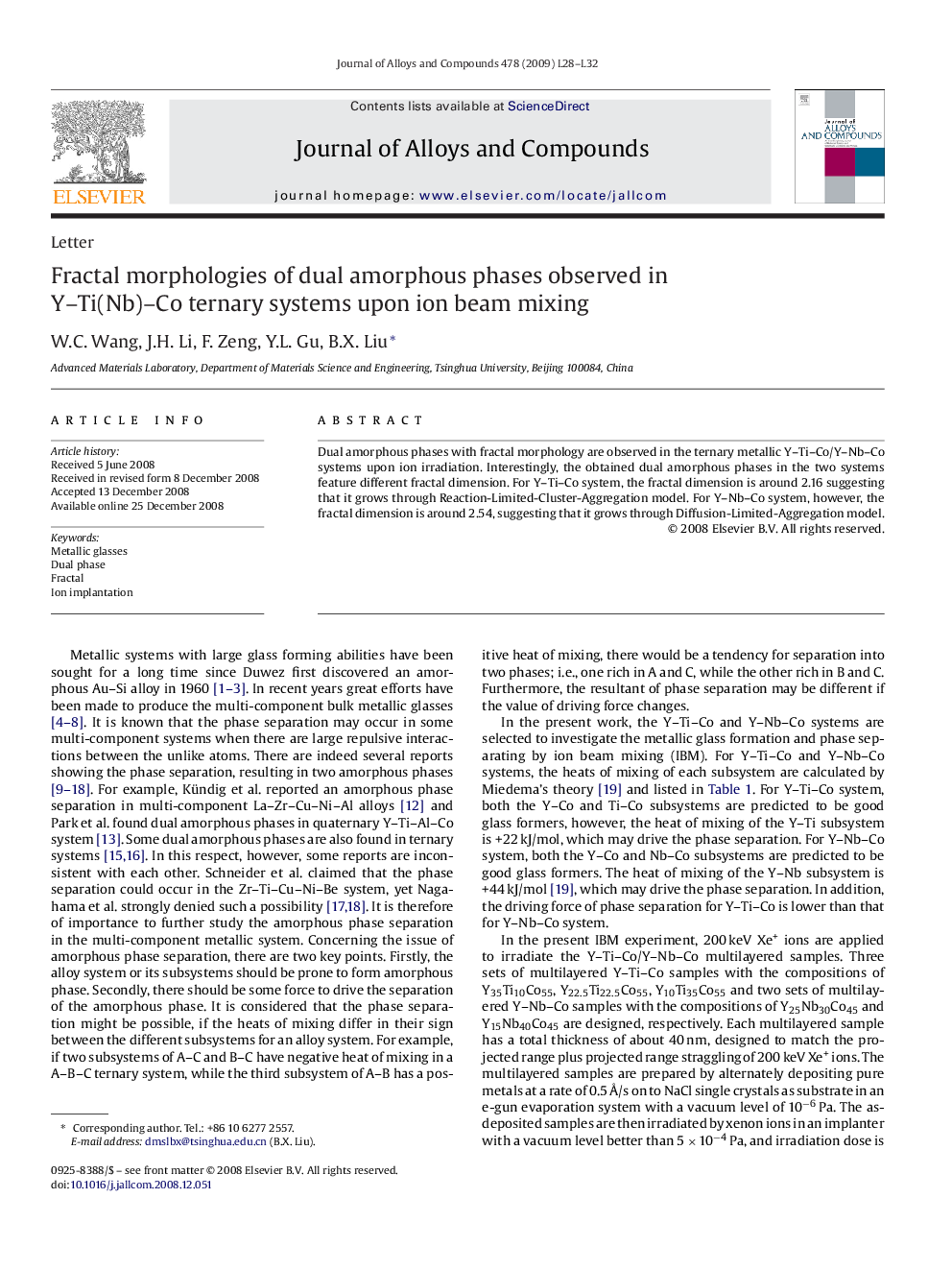 Fractal morphologies of dual amorphous phases observed in Y–Ti(Nb)–Co ternary systems upon ion beam mixing