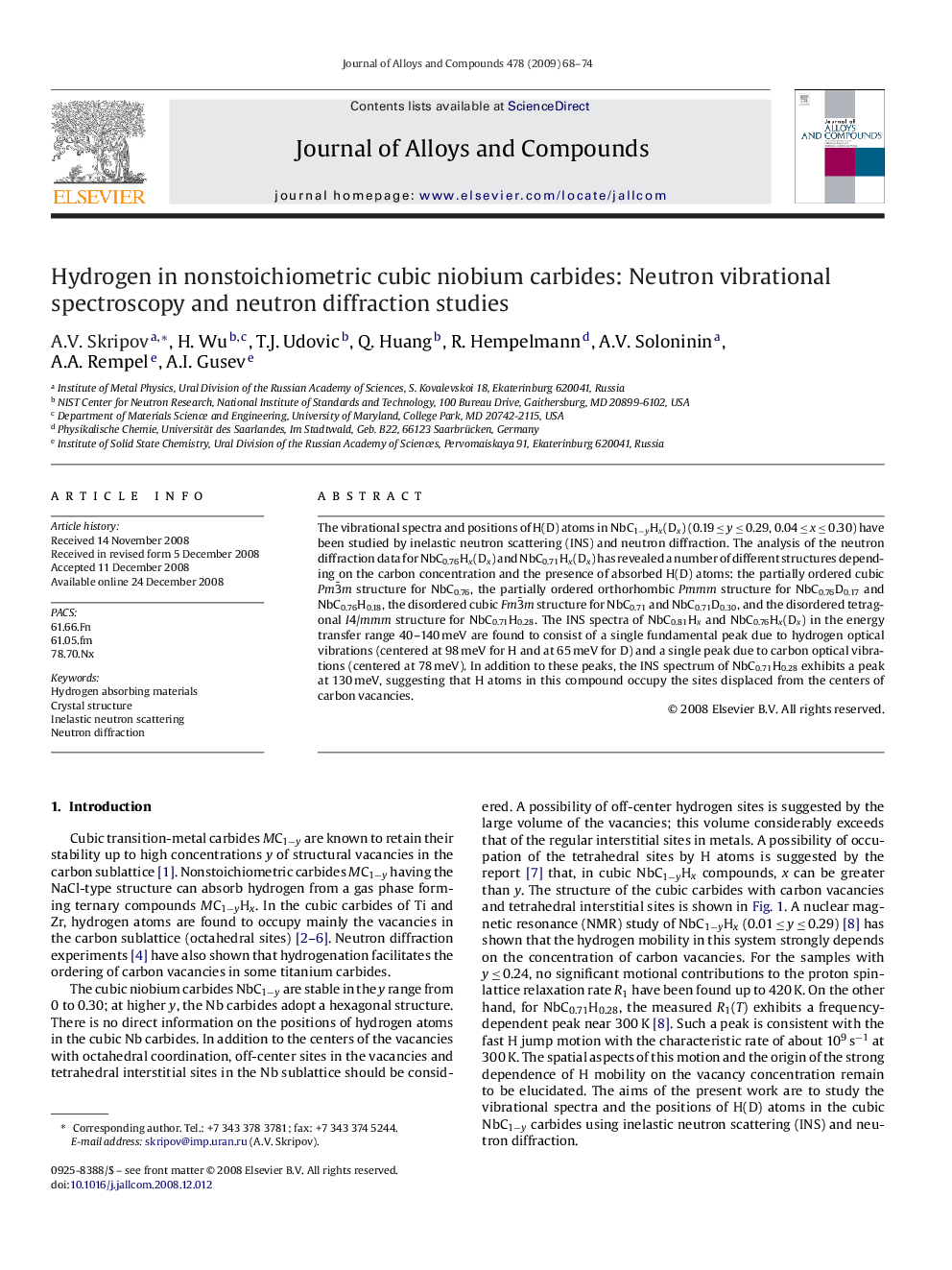 Hydrogen in nonstoichiometric cubic niobium carbides: Neutron vibrational spectroscopy and neutron diffraction studies