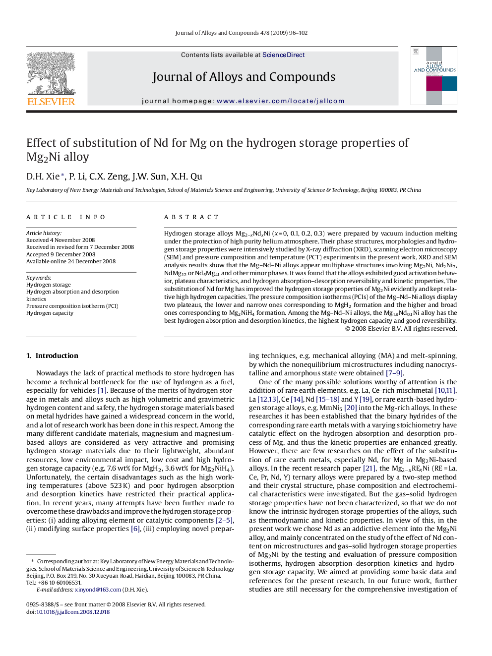 Effect of substitution of Nd for Mg on the hydrogen storage properties of Mg2Ni alloy