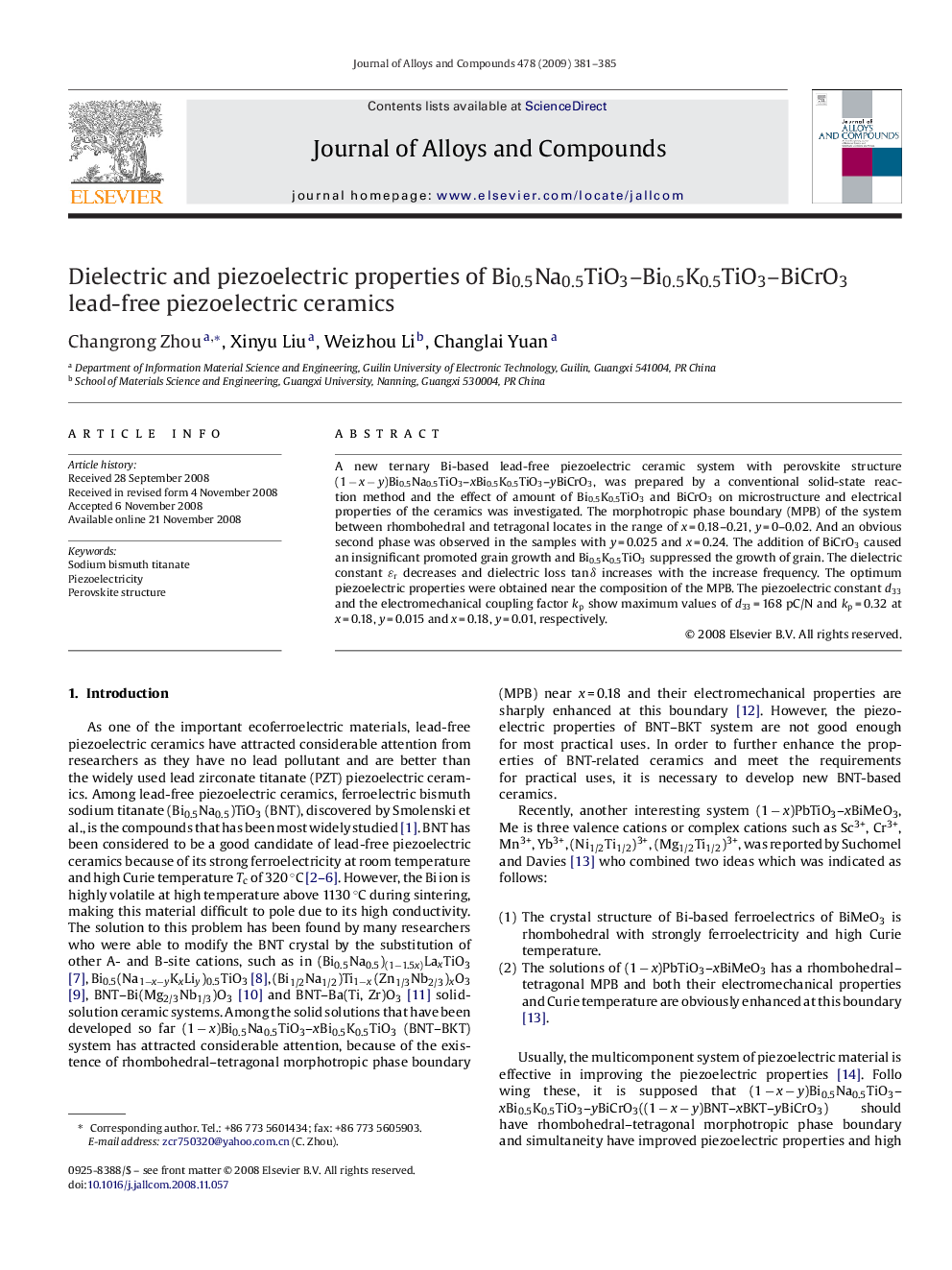 Dielectric and piezoelectric properties of Bi0.5Na0.5TiO3–Bi0.5K0.5TiO3–BiCrO3 lead-free piezoelectric ceramics