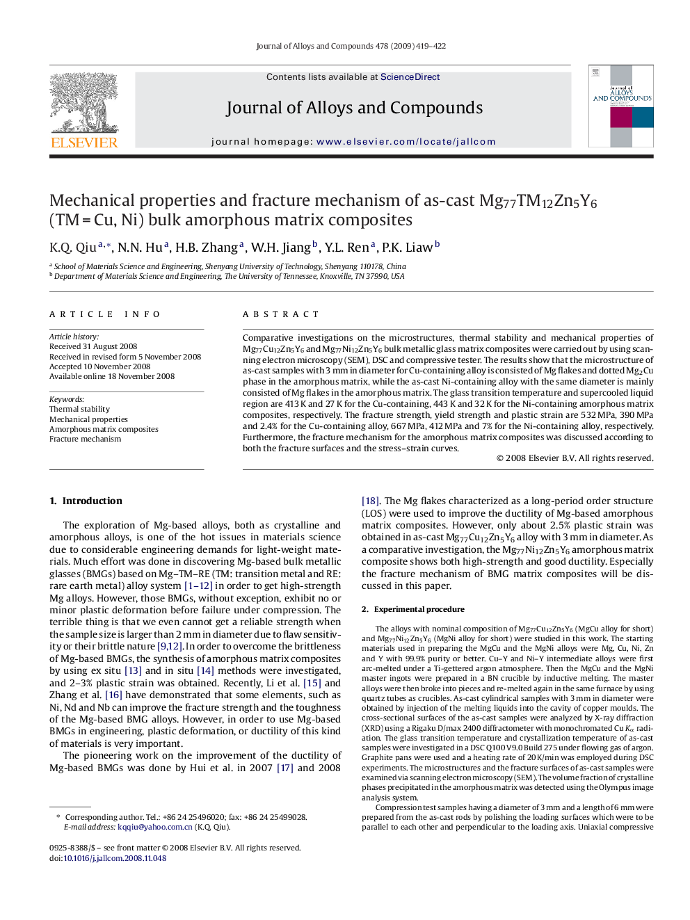 Mechanical properties and fracture mechanism of as-cast Mg77TM12Zn5Y6 (TMÂ =Â Cu, Ni) bulk amorphous matrix composites