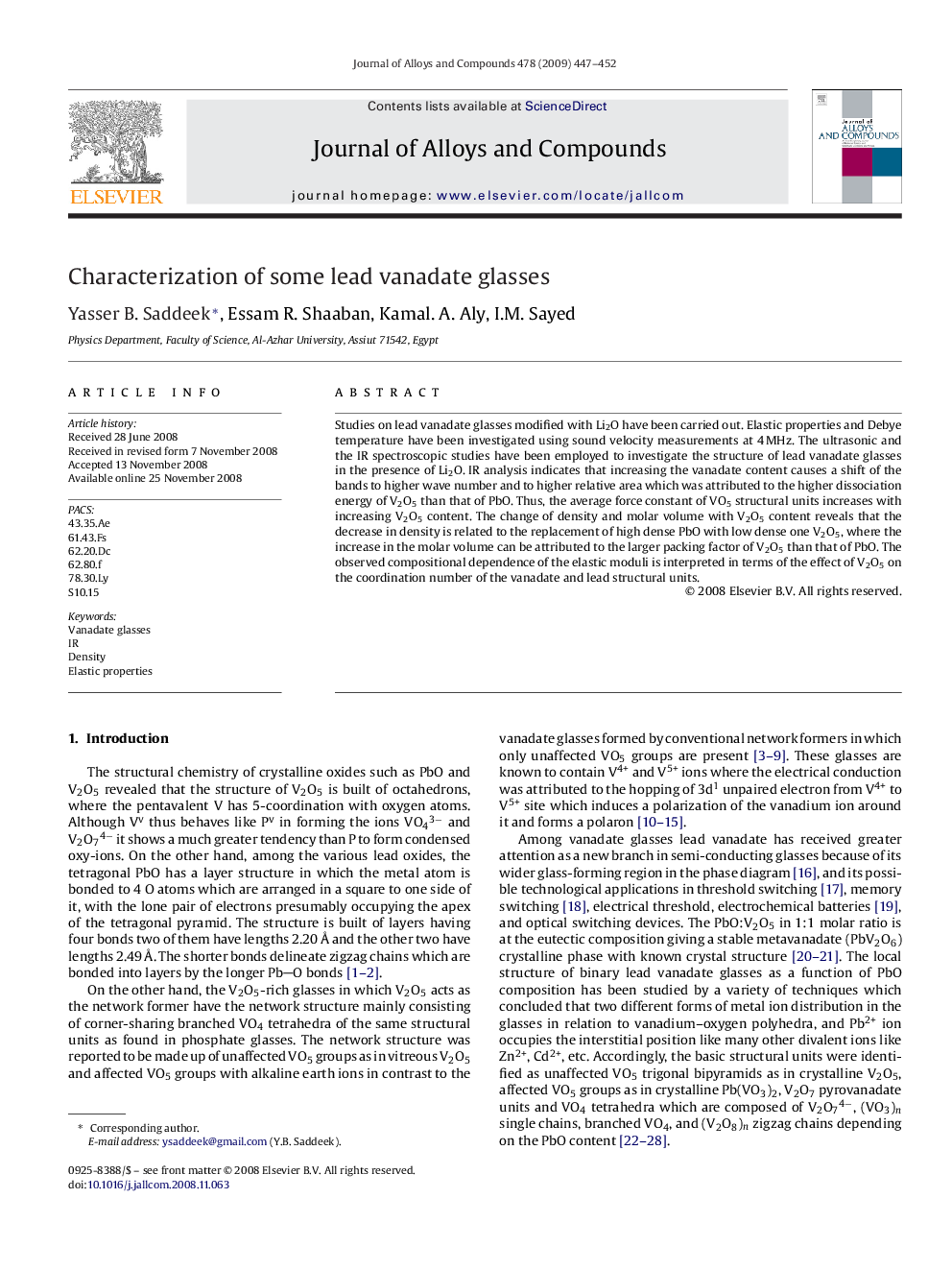 Characterization of some lead vanadate glasses